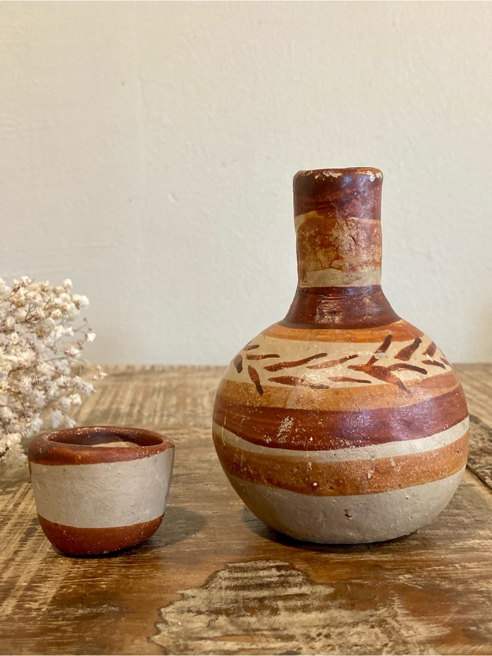 Vintage Rustic Terracotta Decorative Bottle and Cup Set in Earthy Brown & Cream